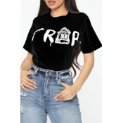 Lovely Ccasual O Neck Print Black T-shirt