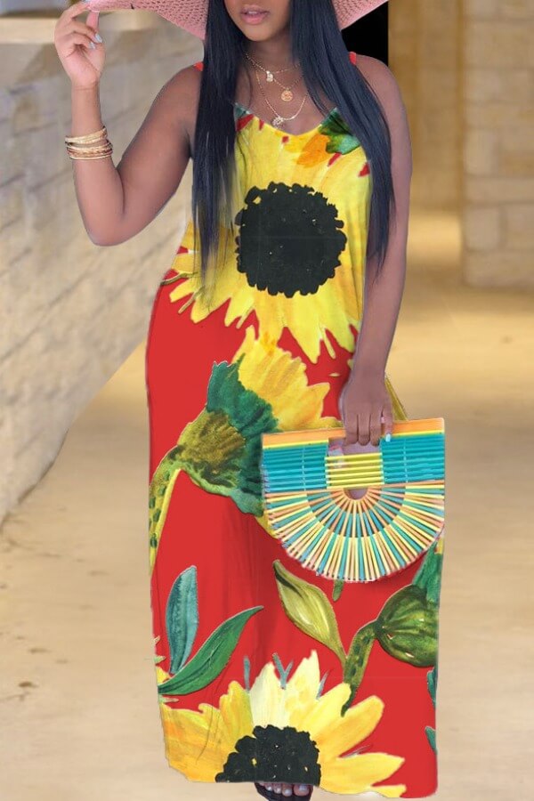 LW Bohemian V Neck Sunflower Print Red Maxi Dress