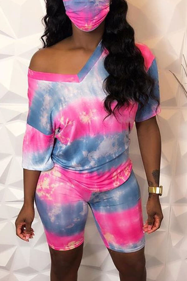 Lovely Casual Tie-dye Light Pink Two-piece Shorts Set