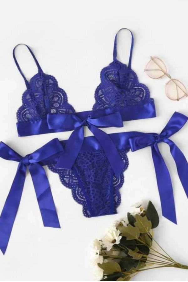Lovely Sexy Lace-up Blue Bra Sets