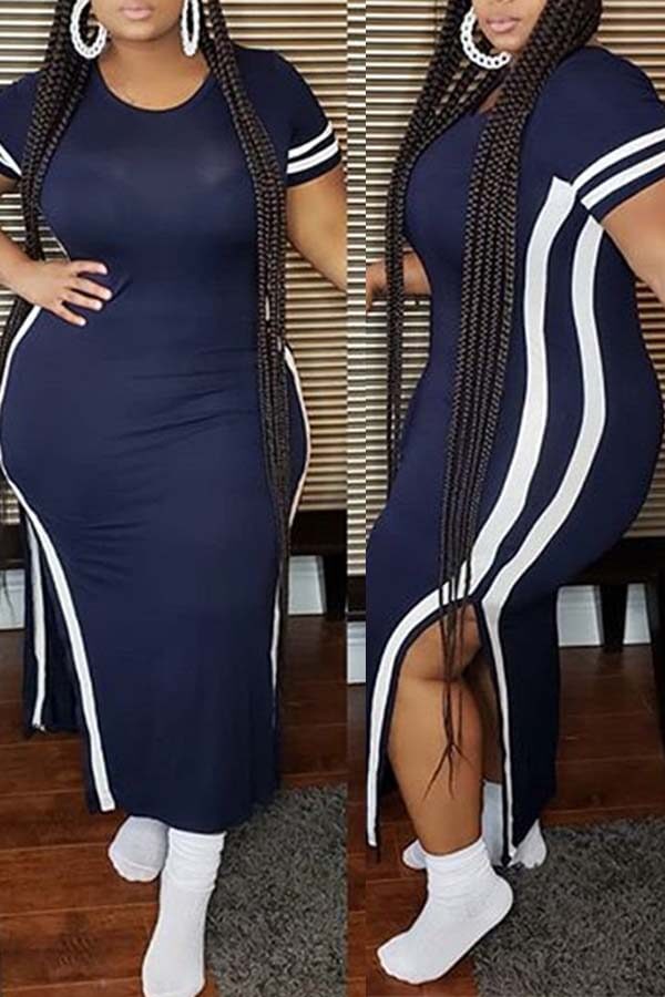 LovelyWholesale Plus Size Casual Patchwork Dark Blue Ankle Length Dress Summer Short Sleeve Sporty Basic Round Neck  4X Spring Summer 2024
