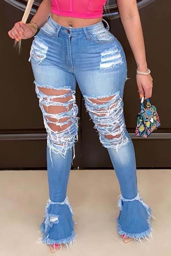 LW Mid Waist Ripped Flared Jeans