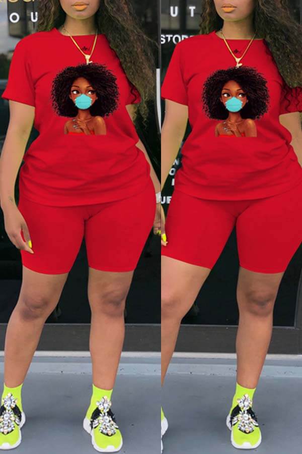 LW Plus Size Leisure Print Red Two-piece Shorts Set
