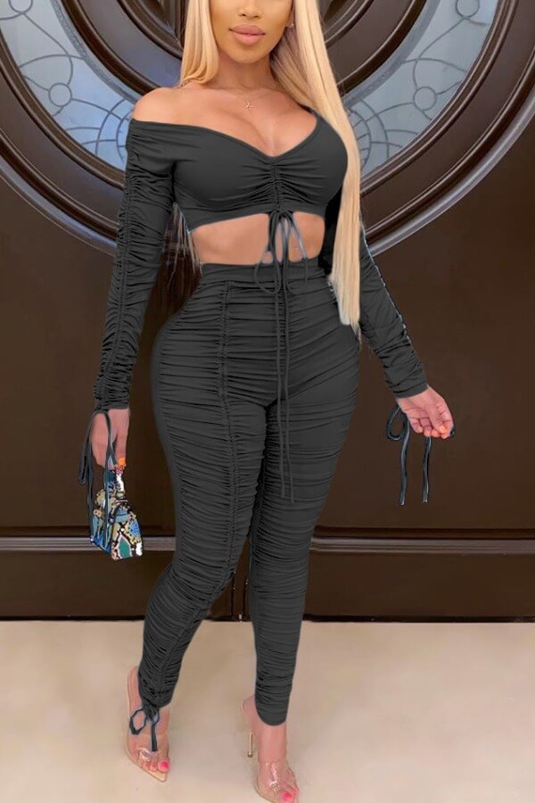 LW Stylish Fold Design Black Two-piece Pants Set