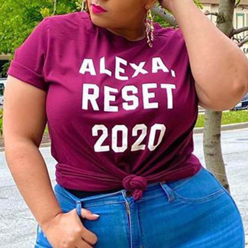 LW Plus Size Leisure O Neck Letter Print Wine Red T-shirt