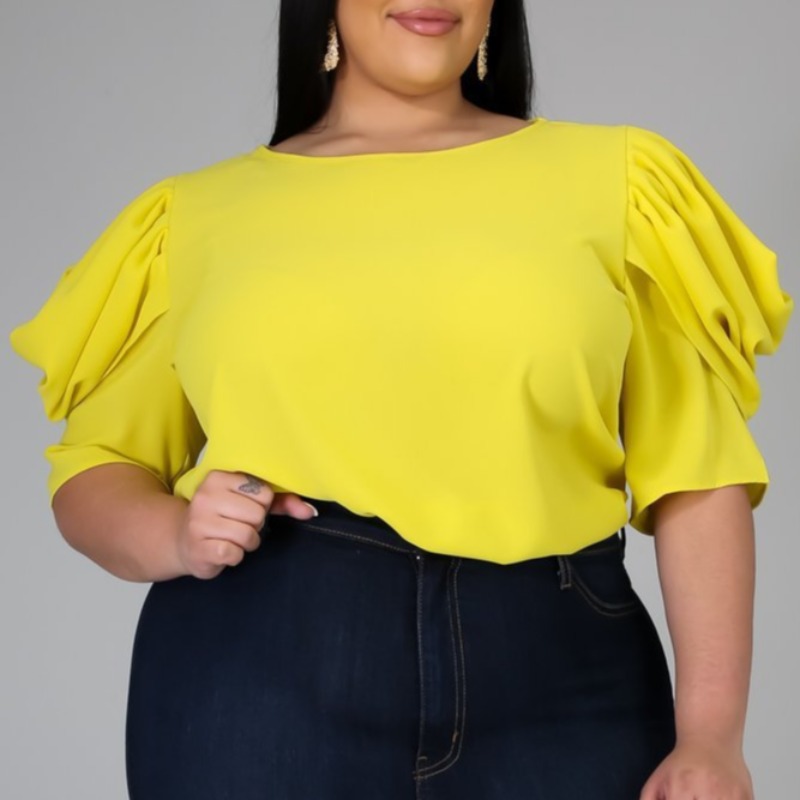 lovely Casual O Neck Fold Design Yellow Plus Size Blouse