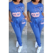 Lovely Casual Letter Print Blue Two-piece Pants Se