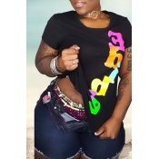 Lovely Casual Letter Print Black Plus Size T-shirt