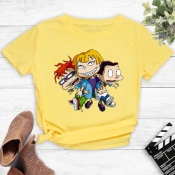 Lovely Leisure O Neck Cartoon Print Yellow T-shirt