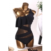 Lovely One Shoulder Hollow-out Black One-piece Swi