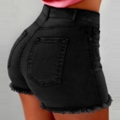 Lovely Casual Pocket Patched Black Plus Size Short