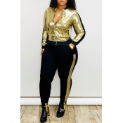 Lovely Casual Patchwork Gold Plus Size Two-piece P