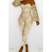 Lovely Trendy Sequined Gold Plus Size One-piece Ju