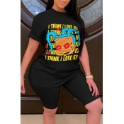 Lovely Leisure O Neck Print Black Plus Size Two-pi