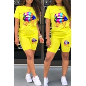 Lovely Casual Lip Print Yellow Two-piece Shorts Se