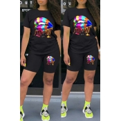 Lovely Casual Lip Print Black Two-piece Shorts Set