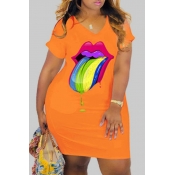 Lovely Casual Lip Print Croci Knee Length Plus Siz