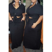 Lovely Casual Knot Design Black Plus Size Two-piec