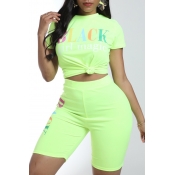 Lovely Leisure Letter Print Green Two-piece Shorts
