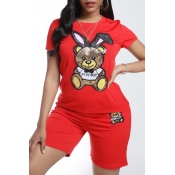 Lovely Casual Cartoon Print Red Two-piece Shorts S