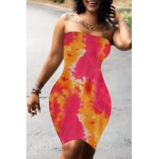 Lovely Sexy Dew Shoulder Tie-dye Red Knee Length D