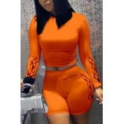 Lovely Casual Print Orange Plus Size Two-piece Sho