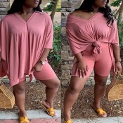 Lovely Leisure V Neck Basic Pink Plus Size Two-pie