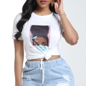 Lovely Casual O Neck Print White T-shirt