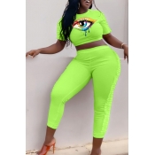 Lovely Casual Eye Print Green Two-piece Pants Set