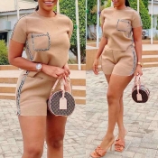 Lovely Casual O Neck Patchwork Khaki Two-piece Sho