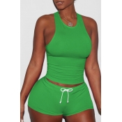 Lovely Casual Sleeveless Green Two-piece Shorts Se
