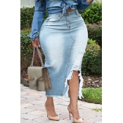 Lovely Casual Torn Edges Baby Blue Plus Size Skirt