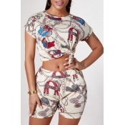 Lovely Leisure O Neck Print Apricot Two-piece Shor
