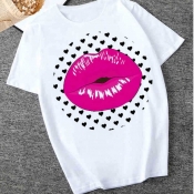 Lovely Trendy O Neck Lip Print Pink T-shirt