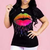 Lovely Leisure O Neck Lip Print Black T-shirt