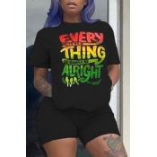 Lovely Casual Letter Print Black Two-piece Shorts 