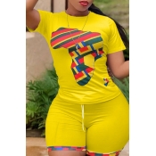 Lovely Casual O Neck Print Yellow Two-piece Shorts