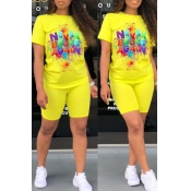 Lovely Leisure Letter Print Yellow Two-piece Short