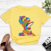lovely Leisure O Neck Print Yellow T-shirt