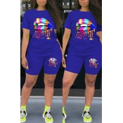 lovely Casual Lip Print Blue Plus Size Two-piece S