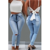 Lovely Trendy Hollow-out Baby Blue Jeans