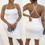 Lovely Sexy Backless White Knee Length Dress