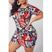 Lovely Leisure O Neck Print Red Mini Plus Size Dre