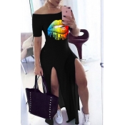 LW Casual Lip Print Black Maxi Dress