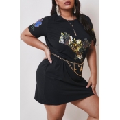 lovely Casual Print Black Mini Plus Size Dress