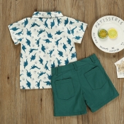 lovely Leisure Turndown Collar Print Green Boy Two