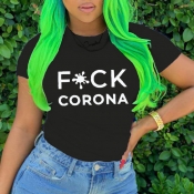 Lovely Street O Neck Letter Print Black T-shirt