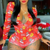 LW V Neck Letter Print Romper