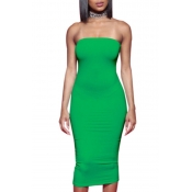 LW Trendy Dew Shoulder Green Mid Calf Dress