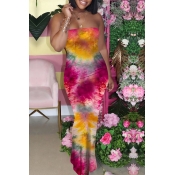 lovely Stylish Dew Shoulder Tie-dye Rose Red Maxi 